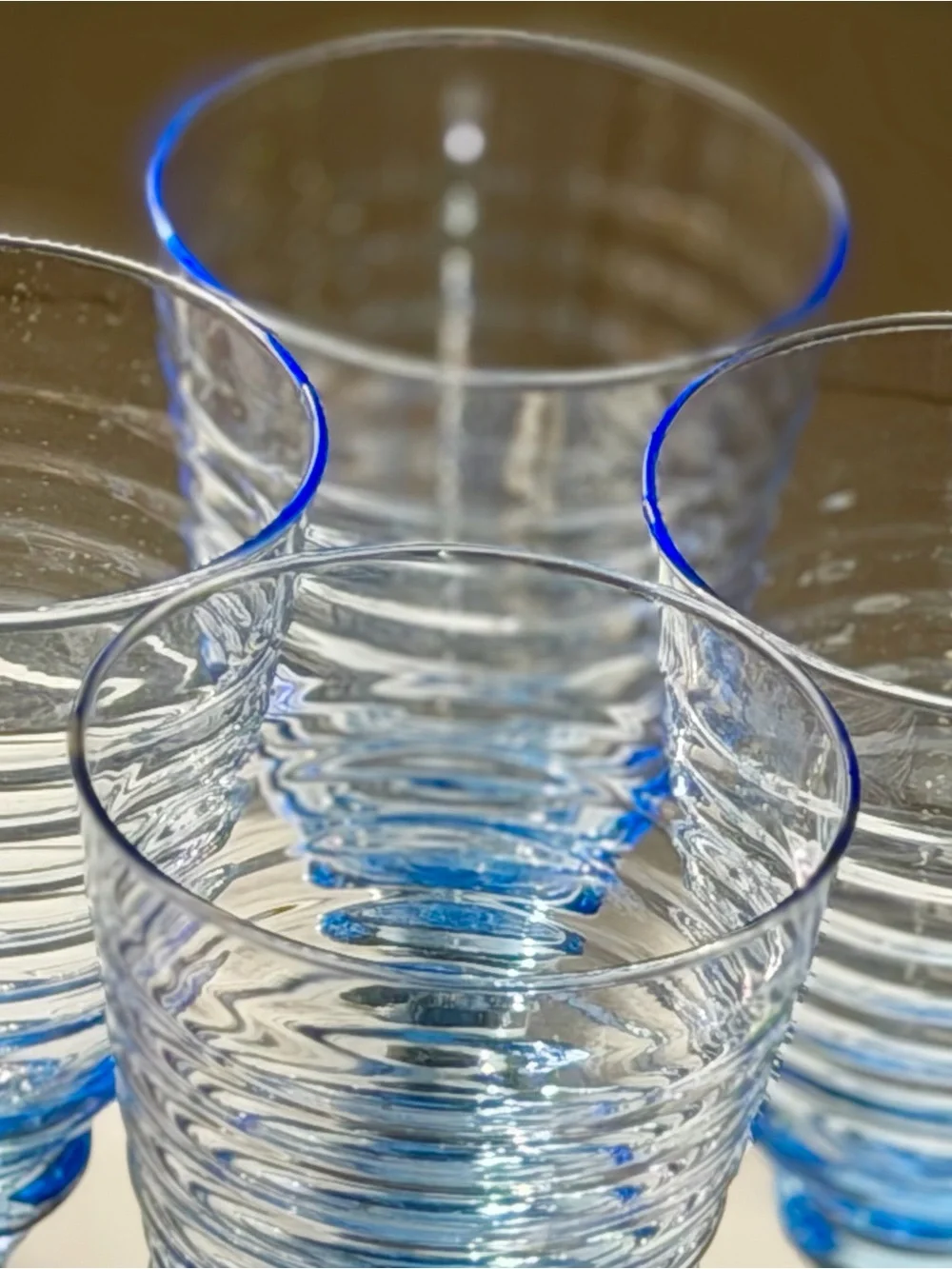 Set of Four, Vintage 90s Blue Ribbed Glass Goblets - Set of Decorative Glasses